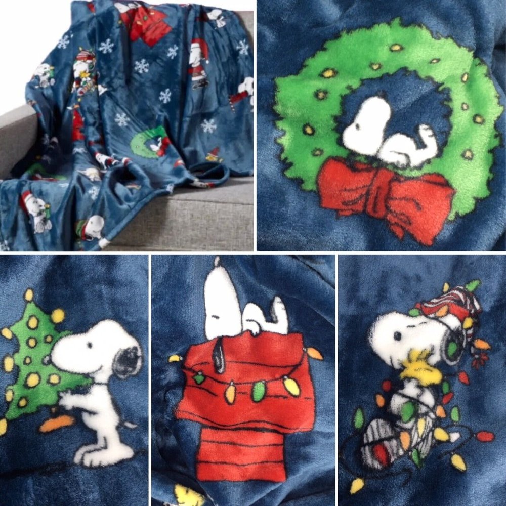 Peanuts Snoopy Christmas Lights Doghouse Berkshire Throw Blanket Santa Snowflake